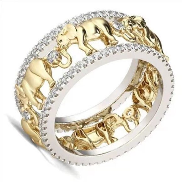 3/$35 Gold Plated Elephant Band Ring Two Tone Rhinestones Diamond Animal Jewelry - Picture 1 of 6